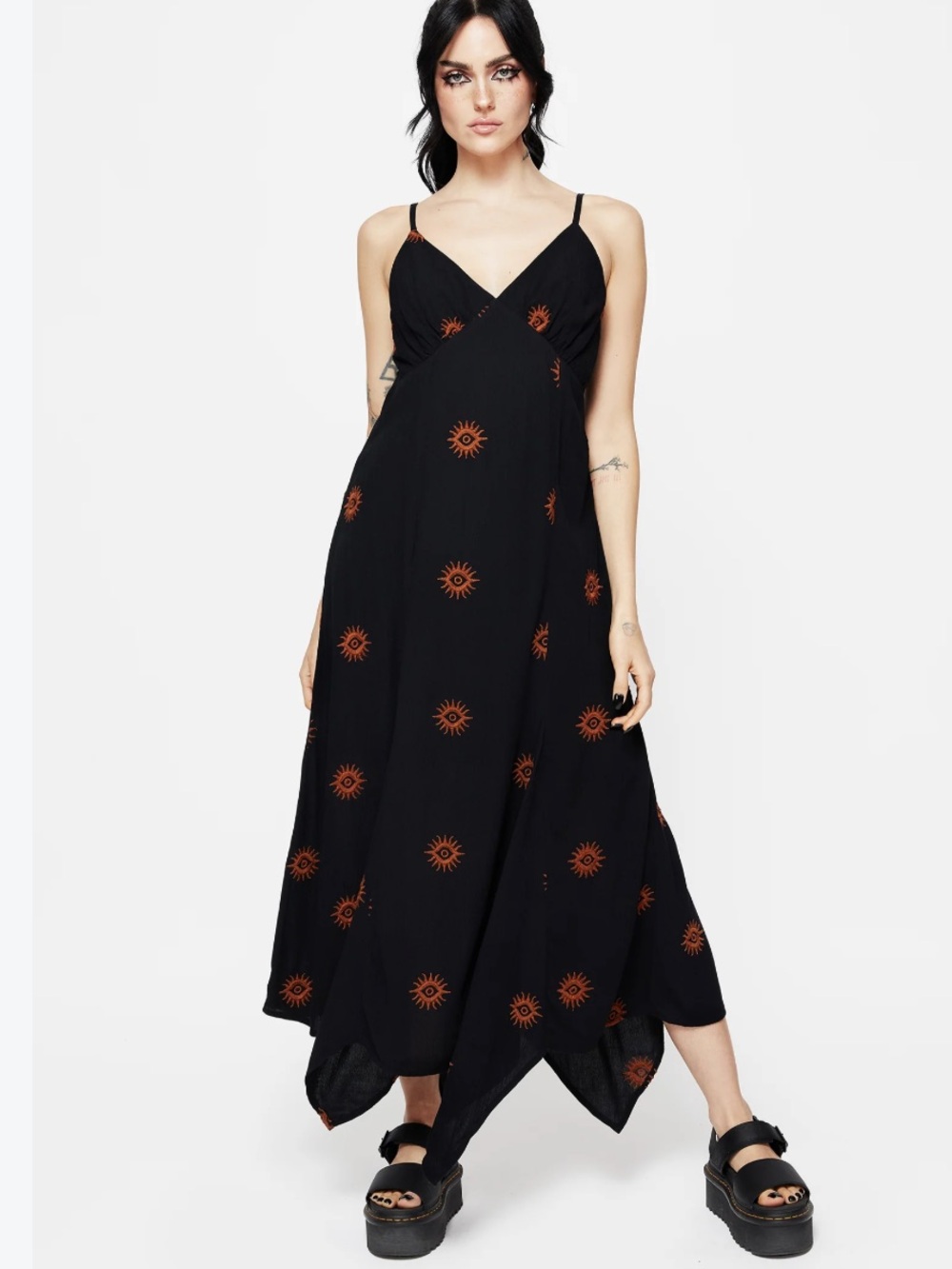 NEW Disturbia Solstice Black/ Orange Embroidered Cami Hanky Hem Midaxi Dress